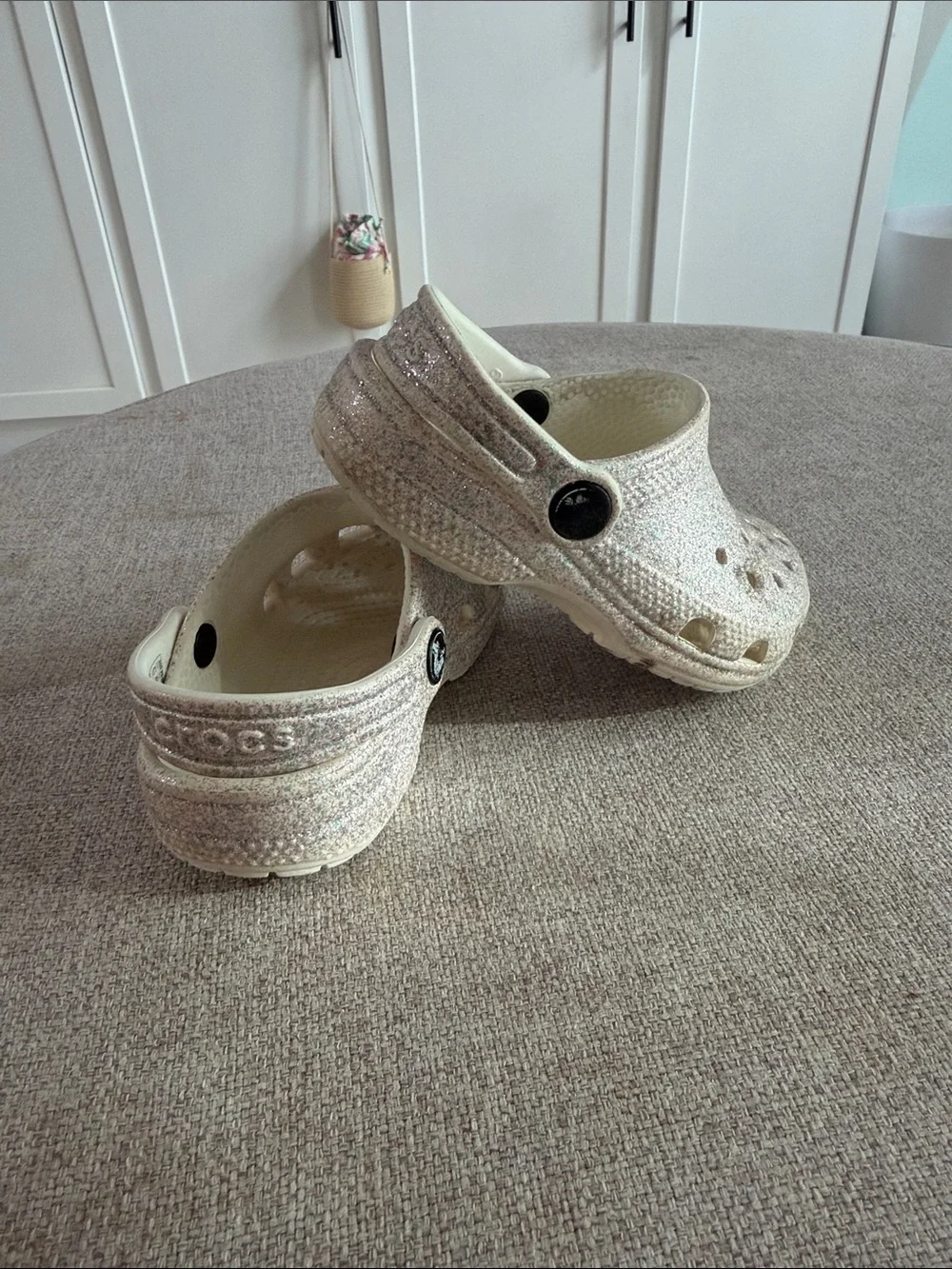 CROCS Kids Glitter Clogs in Ivory with Silver Sparkle